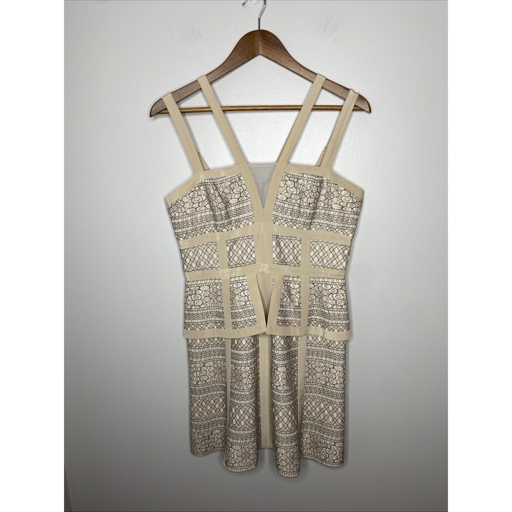 BCBGMAXAZRIA Sophie Mini Dress Peplum Waist Fit & Flare Lace Strappy Beige 8